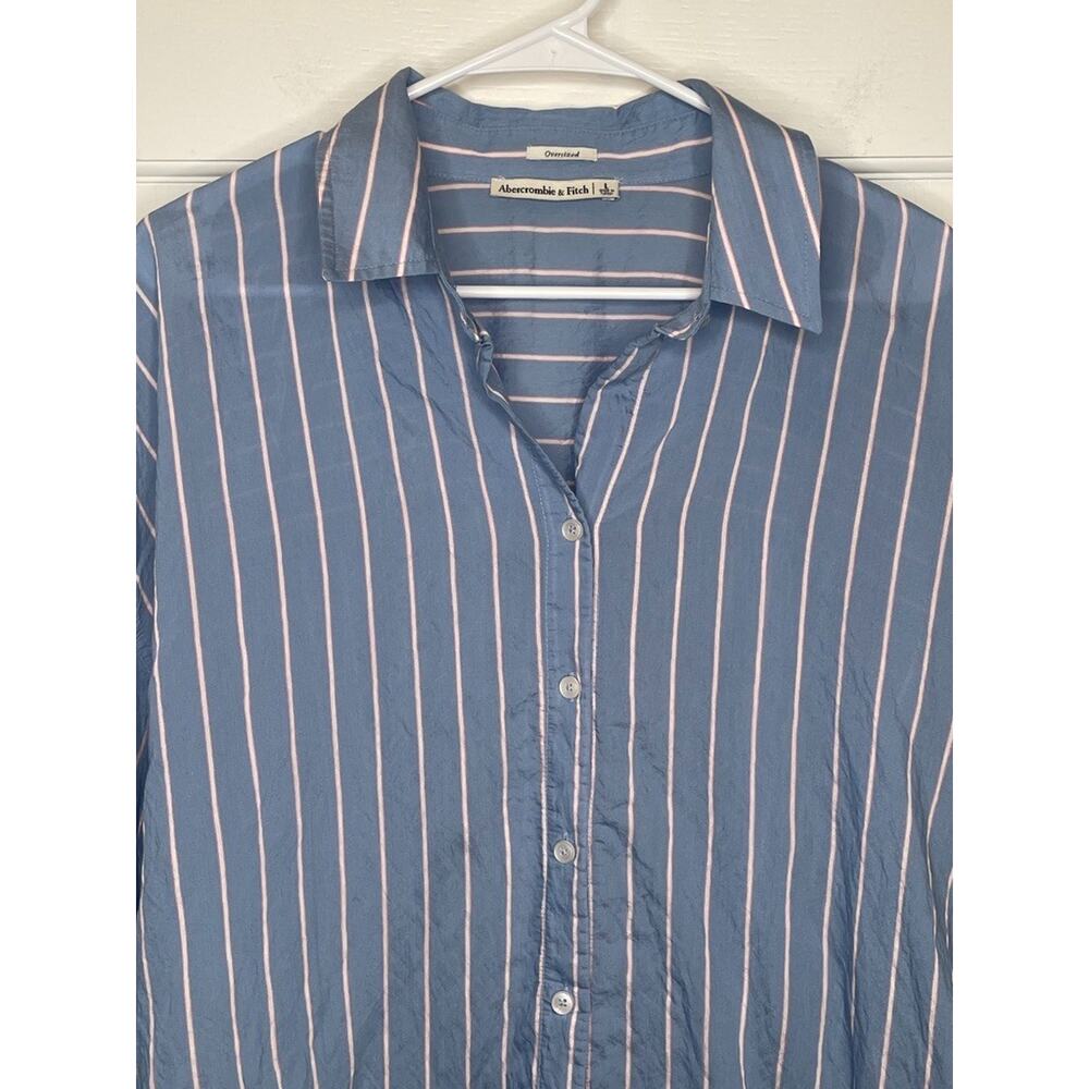 Abercrombie & Fitch Women's Oversized Striped Button-Down Shirt Sz L Preppy - Picture 2 of 10